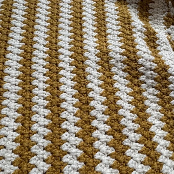 White + Warren Mustard and Cream Fine Cotton Crochet Sweater Top